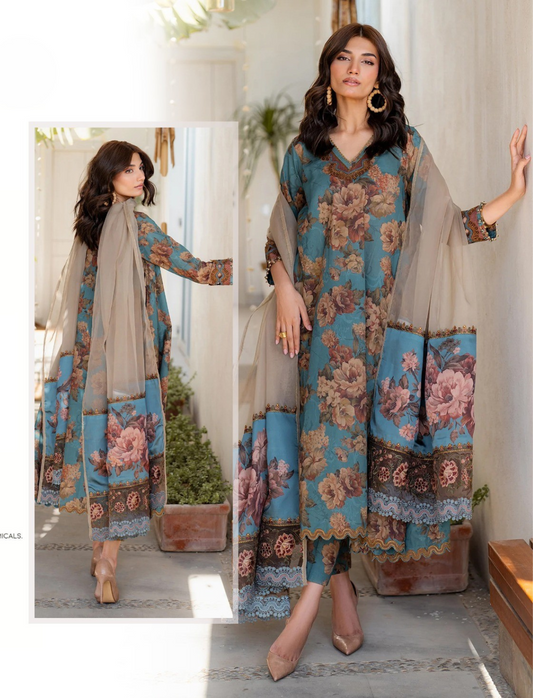 BAROQUE LAWN 3 PC- DIGITAL PRINT LAWN SHIRT & DIGITAL PRINT VOILE DUPATTA & LAWN DYED TROUSER.(LC-1058)