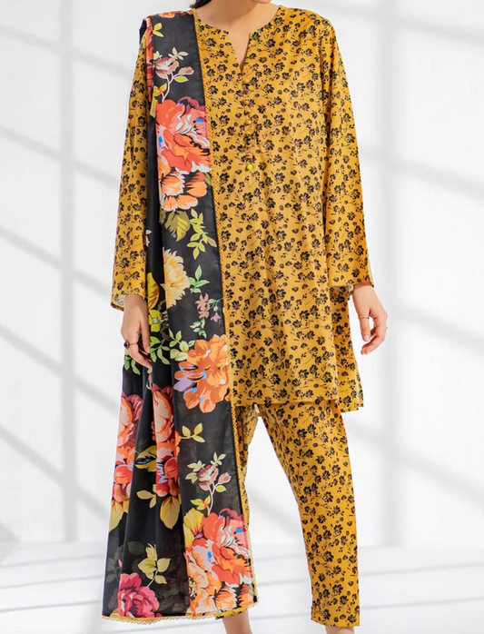 EGO LAWN 3 PC- DIGITAL PRINT LAWN SHIRT WITH SAME TROUSER & DIGITAL PRINT VOILE DUPATTA.(LC-1081)