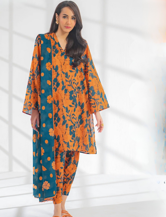 EGO LAWN 3 PC- DIGITAL PRINT LAWN SHIRT WITH SAME TROUSER & DIGITAL PRINT VOILE DUPATTA.(LC-1086)