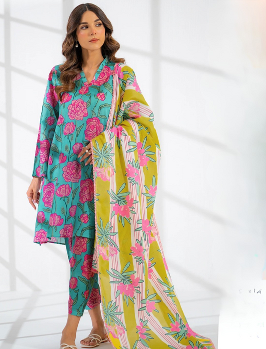 EGO LAWN 3 PC- DIGITAL PRINT LAWN SHIRT WITH SAME TROUSER & DIGITAL PRINT VOILE DUPATTA.(LC-1087)
