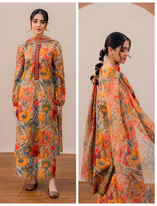 IZNIK LAWN 3 PC- DIGITAL PRINT LAWN SHIRT & DIGITAL PRINT VOIL DUPATTA & LAWN DYED TROUSER.(LC-1037)